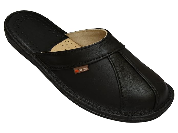 BeComfy Herren Hausschuhe Leder (Kalbsleder) Pantoffeln Schwarz Modell MI09