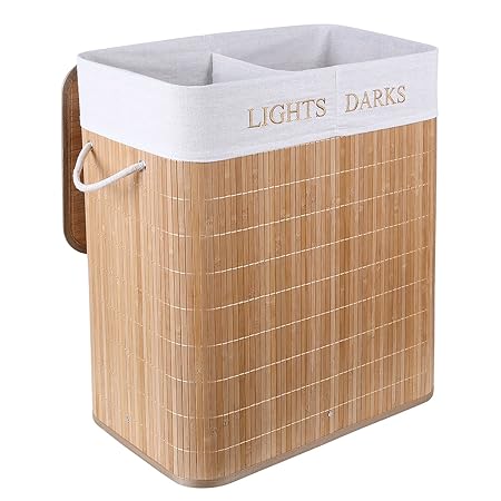 Homfa Wäschekorb Groß 100L Bambus Faltbar Wäschebox mit 2 Fächern Faltbare Wäschetruhe Wäschesammler mit Deckel 59x52x31cm (N