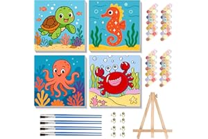 AJEPON 4 Pack Paint by Numbers Kit for Kids with Frame - Animals Paint by Number for Kids, Marine Animals Kid Painting by Number Kits Age 5-8, DIY Acrylic Oil Painting Kits for Home Wall Decor (8X8inch)