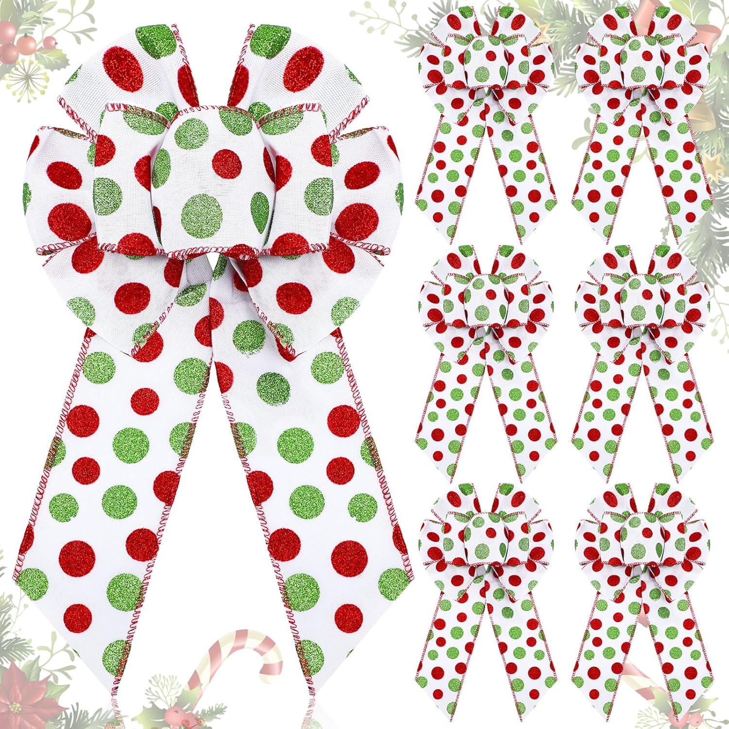 Bows & Ribbons - Chalyna 6 Pcs Red Green Dot Christmas Wreath Bows 6 x 12 Inch Large Wreath Bow Christmas Tree Topper Bow Xmas Tree Dot Bows Ribbons for Garland DIY Crafts Party Decor (White, Dot Pattern)