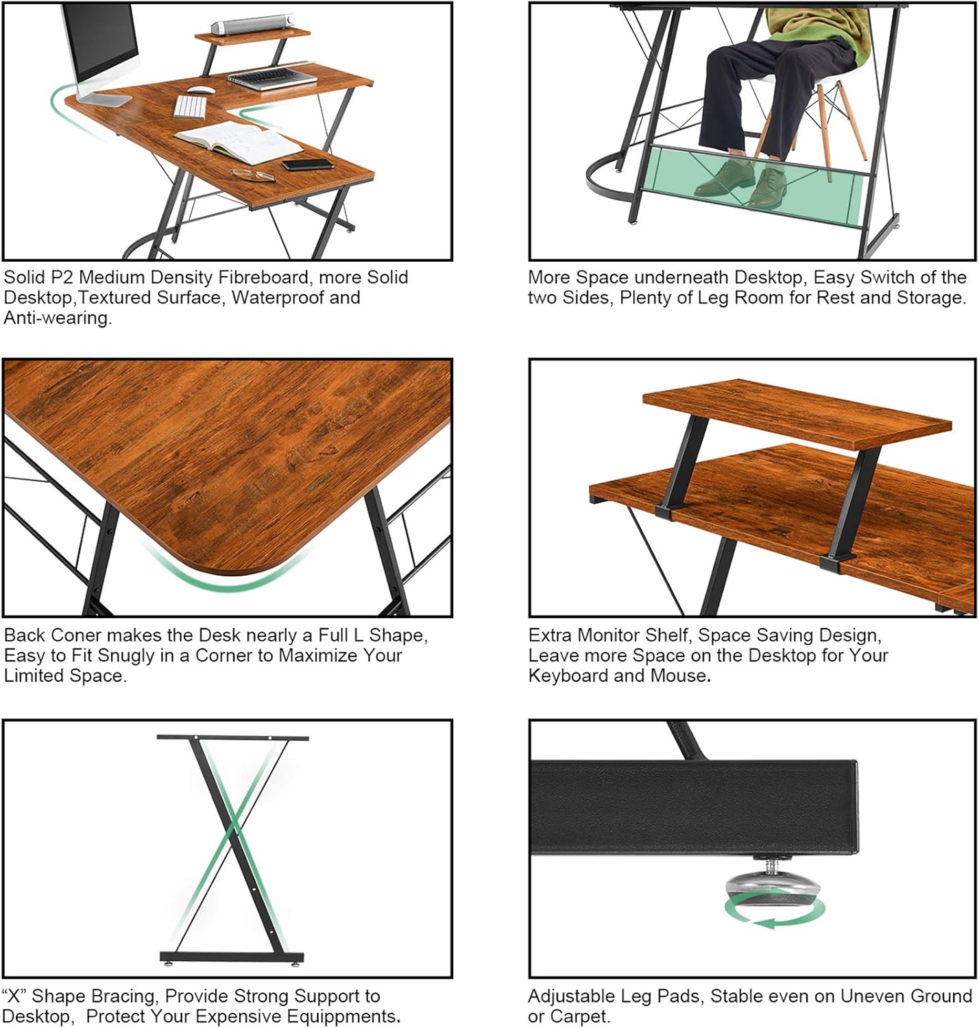 Mr IRONSTONE L-Shaped Desk 50.8" Computer Corner Desk, Home Gaming Desk, Office Writing Workstation with Large Monitor Stand, Space-Saving, Easy to Assemble, (Vintage): Furniture & Decor