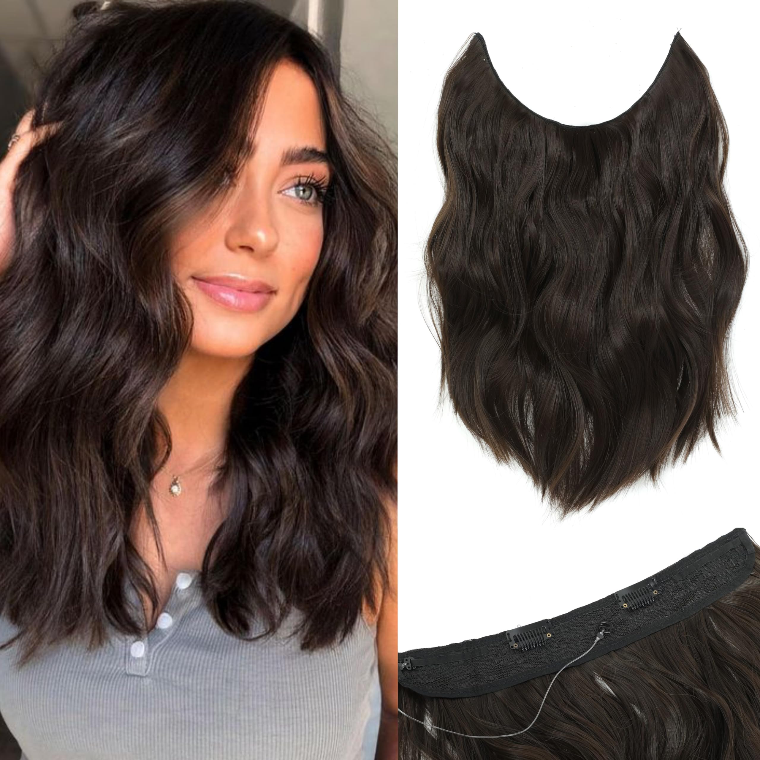 Ms TAj Natual Dark Brown Halo Hair Extensions 12 inch with Adjustable Size Removable Clips Invisible Secret Synthetic Curly Hairpiece for Women — image 1