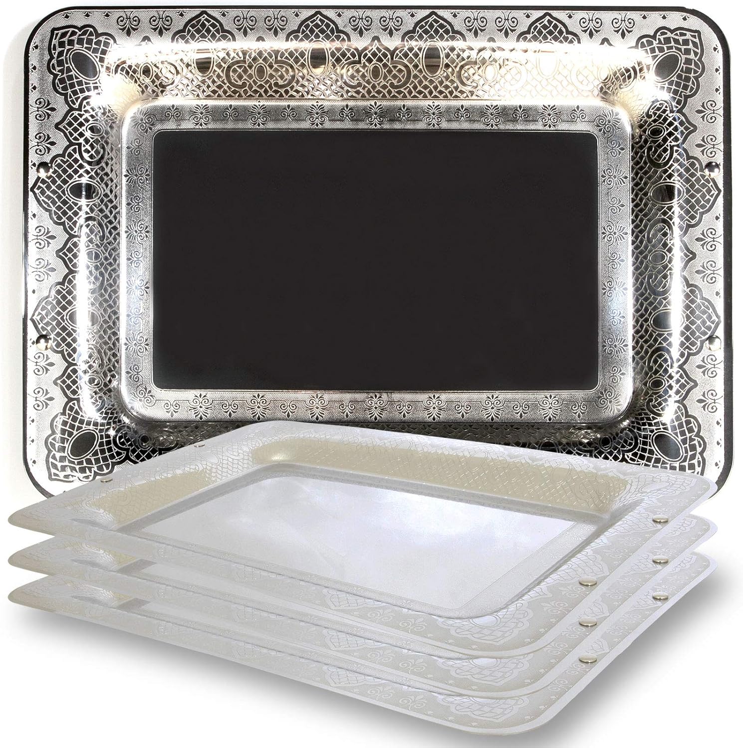 Maro Megastore (Pack of 4 15.7-Inch x 11-Inch Rectangular 304 Stainless Steel Serving Tray Floral Engraved Decorative Wedding Birthday Buffet Party Dessert Food Art Party Platter Plate 2436 M Ts-026