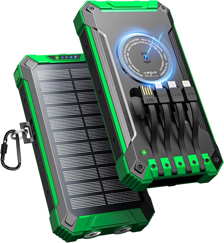 Wireless Solar Powerbank 26800mAh mit 4 Kabel, 15W Schnellladung für Handy