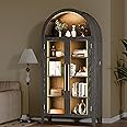 infurnic Arch Storage Cabinet with Tempered Glass Door, 71” Arched Display Floor Cabinet, 5 Tier Farmhouse Buffet with Storage for Dining Room, Living Room, Home Office or Kitchen(Black)
