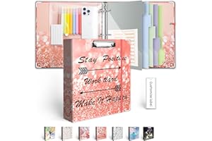 3 Ring Binder 2 Inch, Three Ring Binder Organizer with Clipboard, 5-Tabs Pockets Dividers, Plastic Folder, 18 Divider Stikers, BVSSX Pink Decorative Binder with Pen Loop (Stay Positive, Letter Size)