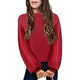 Arshiner Girls Crewneck Sweaters Chunky Lantern Sleeve Knit Jumper Tops Casual Drop Shoulder Pullover Outwear for 5-13 Years