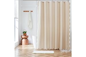 Ohocut Beige Scalloped Shower Curtain, Cute Farmhouse Rustic Modern Boho Shower Curtains for Bathroom, Minimalist Luxury Natural Faux Linen Waterproof Fabric Shower Curtain Aesthetic 72’’x72’’