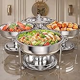 Rengue 6QT Chafing Dishes for Buffet, 4 Pack Stainless Steel Round Chafing Dish Buffet Set, Heating and Cooling Buffet Servers and Warmers, Food Warmers for Parties Buffet,Gatherings,Banquets,Weddings