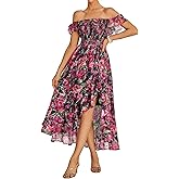 GRACE KARIN Women's Floral Print Maxi Dress Off Shoulder Smocked A Line Flowy Ruffle Wedding Guest Dresses with Pockets