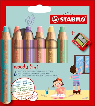 STABILO Woody 3-in-1 Multi-Talented Pencil Pack 6 Assorted Pastel Colours with