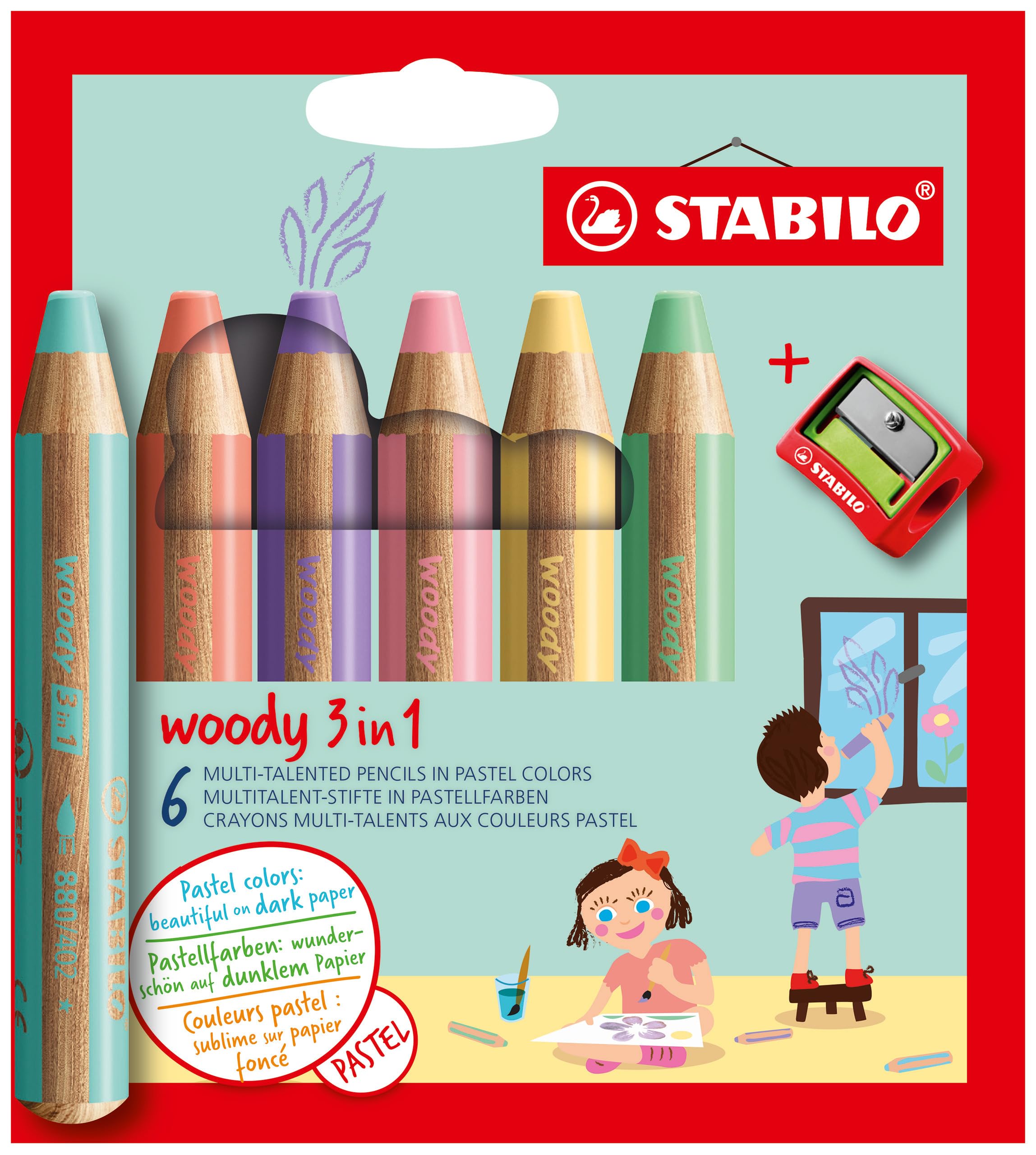 STABILO woody 3-in-1 - Multi-Talented Pencil - Pack of 6 - Assorted Pastel Colours with Sharpener