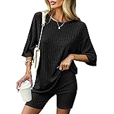 Ekouaer Pajamas 2 Piece Lounge Sets Ribbed Knit Matching Outfits T-shirt Biker Shorts Sleepwear Loungewear Sweatsuits