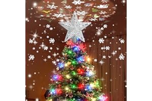 Christmas Tree Topper Lighted with 10M Colorful String Lights, Keten Silver Star Tree Toppers Decoration with 3D Rotating Pattern Projector, Tree Top for Indoor Outdoor Xmas Party Holiday (Silver)