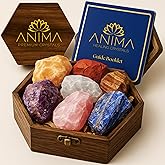 Anima Premium 7 Chakra Healing Crystals Set for Energy Alignment - Large Raw Amethyst, Rose Quartz, Citrine, Lapis Lazuli, Clear Quartz, Tigers Eye & Red Jasper - Wooden Gift Box & Guidebook Included