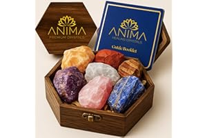 Anima Premium 7 Chakra Healing Crystals Set for Energy Alignment - Large Raw Amethyst, Rose Quartz, Citrine, Lapis Lazuli, Clear Quartz, Tigers Eye & Red Jasper - Wooden Gift Box & Guidebook Included