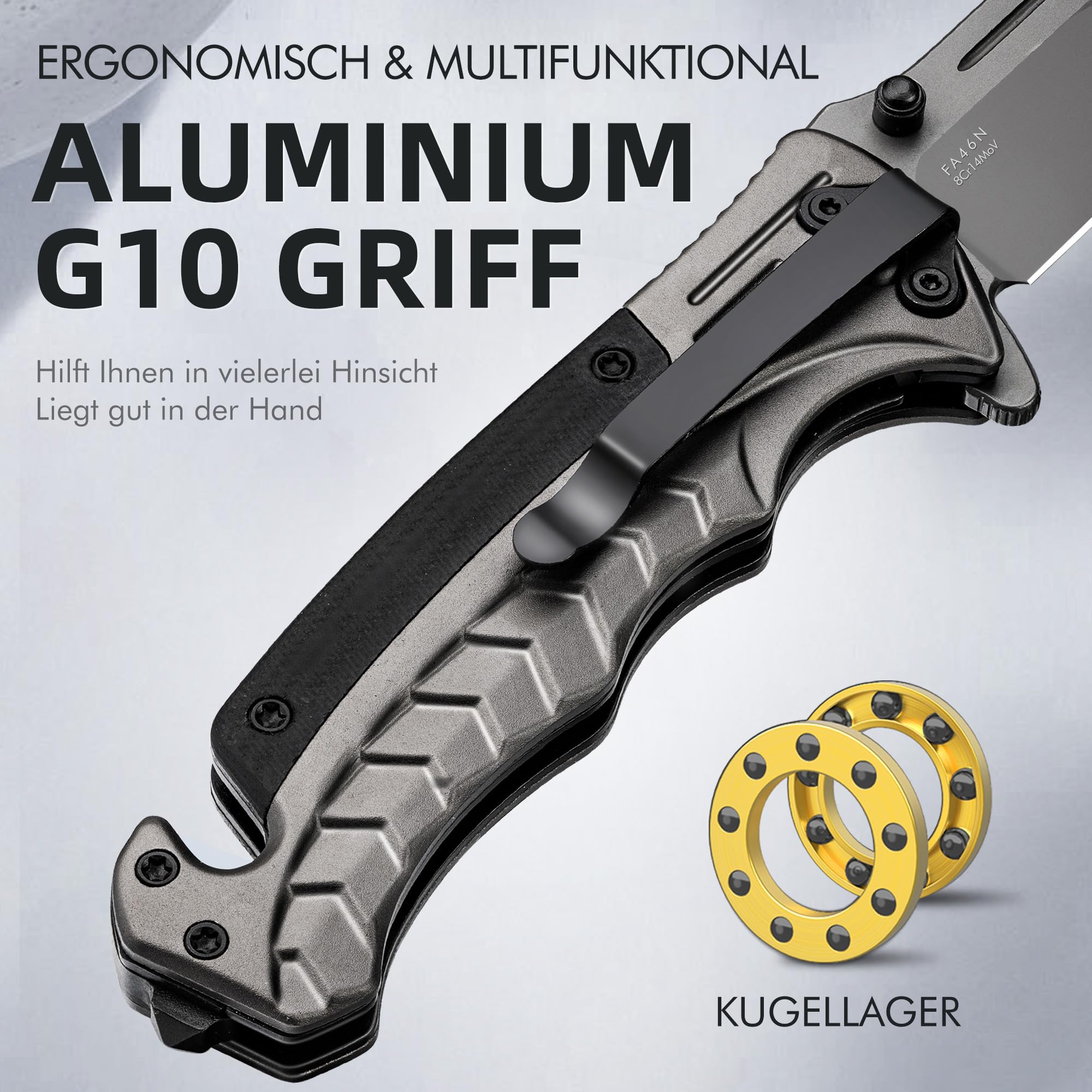 NedFoss FA46N Taschenmesser, Rettungsmesser mit Gurtschneider & Glasbrecher, Klappmesser mit Gürtelclip, Einhandmesser für Auto, Survival überlebensmesser für Unfallsituationen, Rescue messer 2