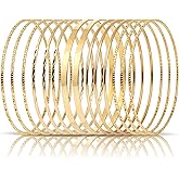 Linkidea Plus Size Bangle Bracelets Set for Women, Set of 14 Stainless Steel Irregular Stacked Round Golden Bangles, 8.6 Inches, Large