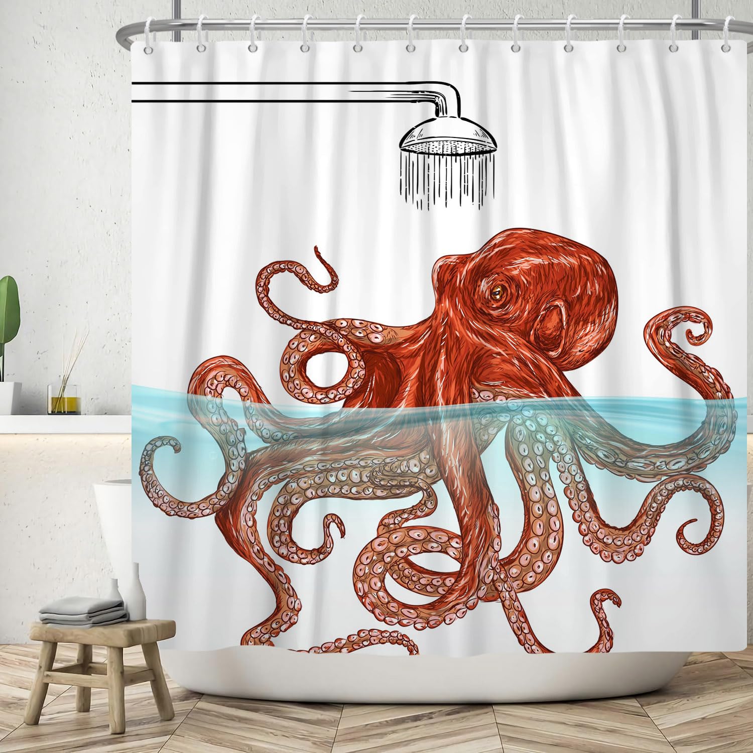 ASDCXZ Funny Shower Curtain 180x180 cm, Modern Simplicity Funny Orange Octopus Swimming White Bath Washable Shower Curtains Polyester Textile Waterproof Bath Curtain for Bathtub with 12 Hooks — image 1