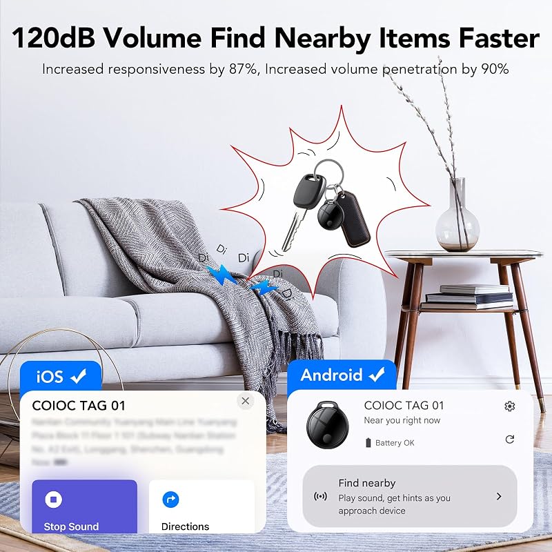 Smart Tag 4 Unidades para Android e iOS, Bluetooth Tracker para Llaves, Maletas, Cartera, Mochila y Bolso, Tracker Tag 120 dB, Red de Búsqueda Global, Compartición Familiar, IP67, Sin Suscripción
