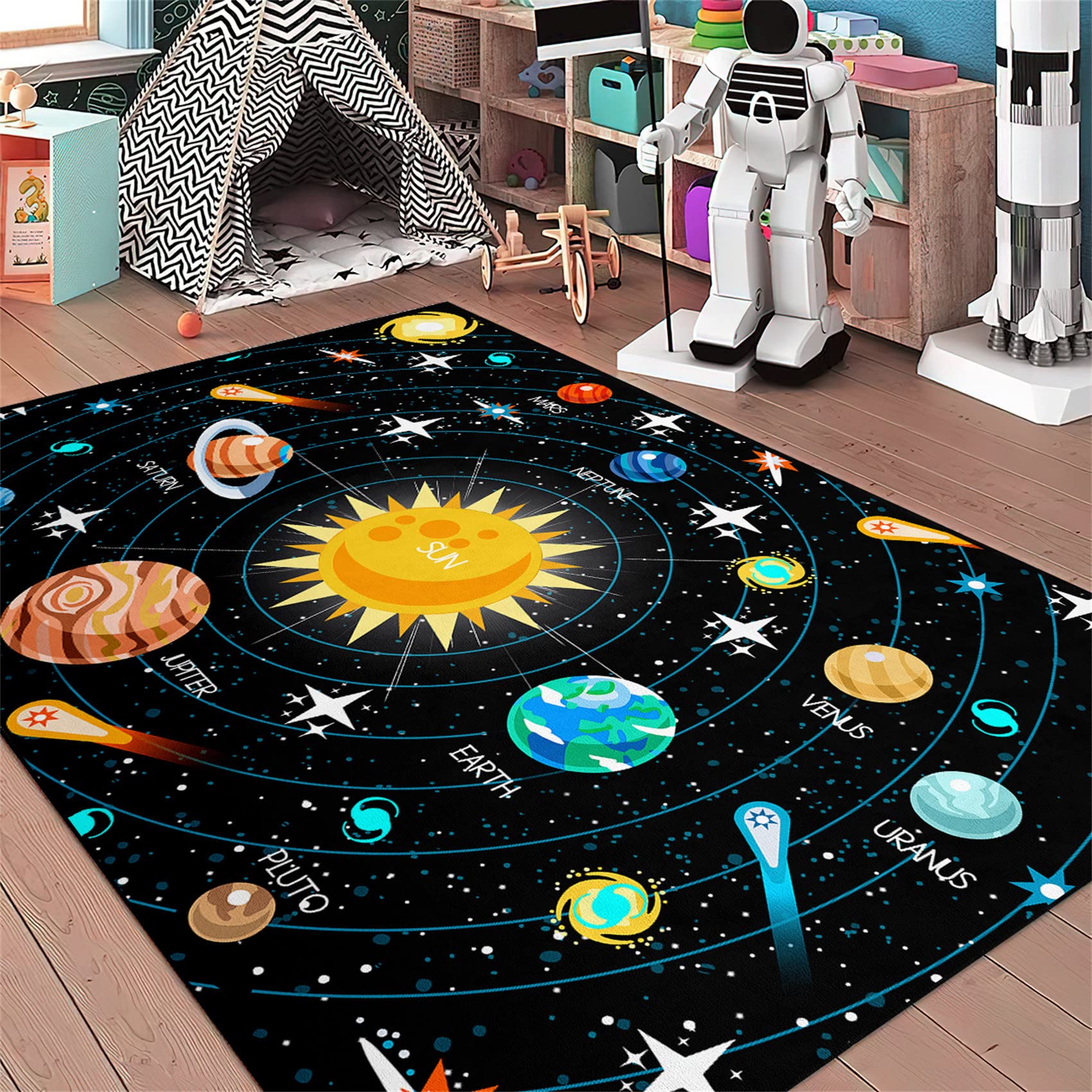 Photo 1 of Space Rugs Educational Learning Large Size Solar System Carpet Kids Rugs for Bedroom Boys Space Area Rug Living Bedroom Dining Room Decor Crystal Polyester Area Rug Door Mats, 3'×4'