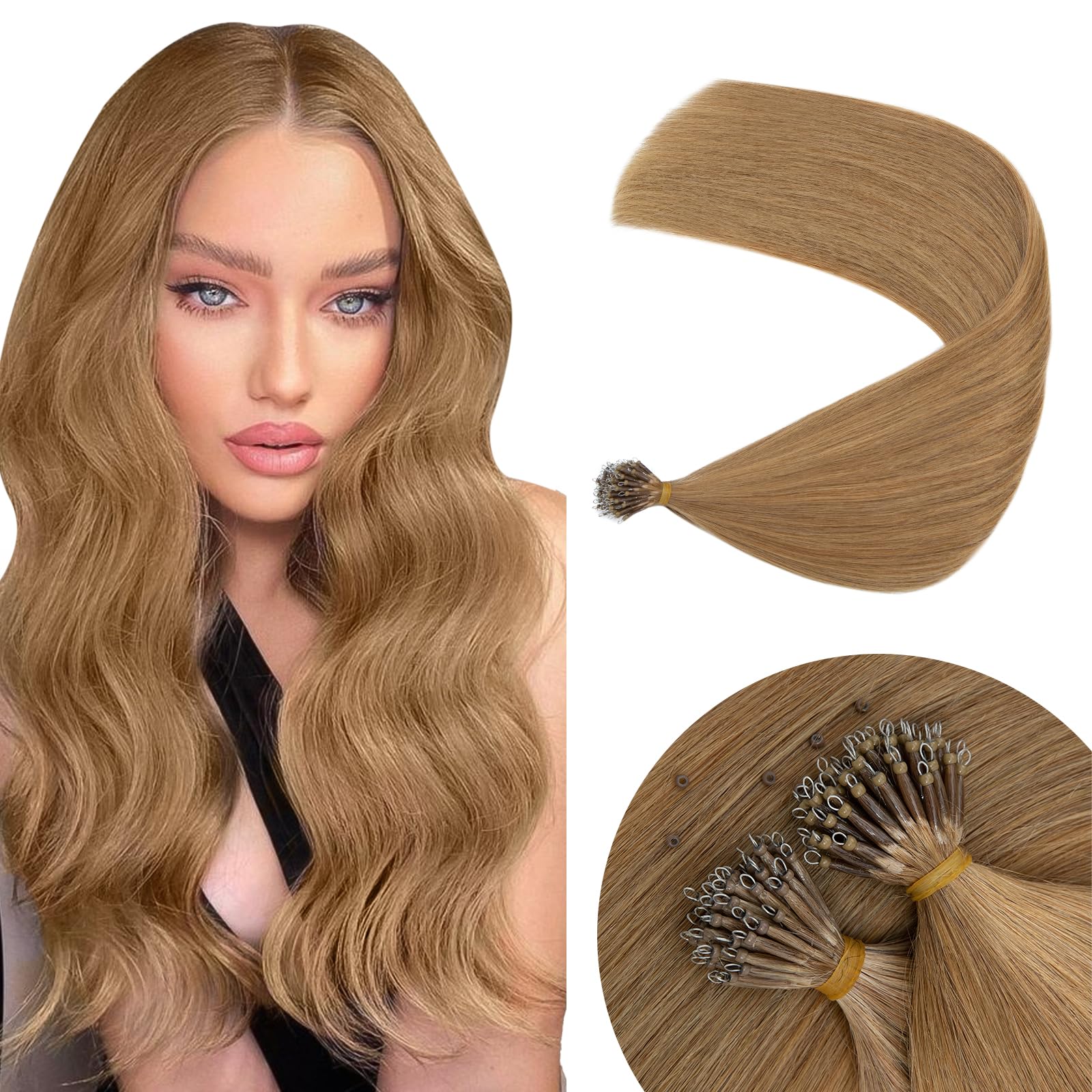 Elailite Nano Ring Hair Extension Real Human Hair With Nano Beads Cold Fusion 50 Strands 50g Straight (#27 Dark Blonde, 18 Inch)