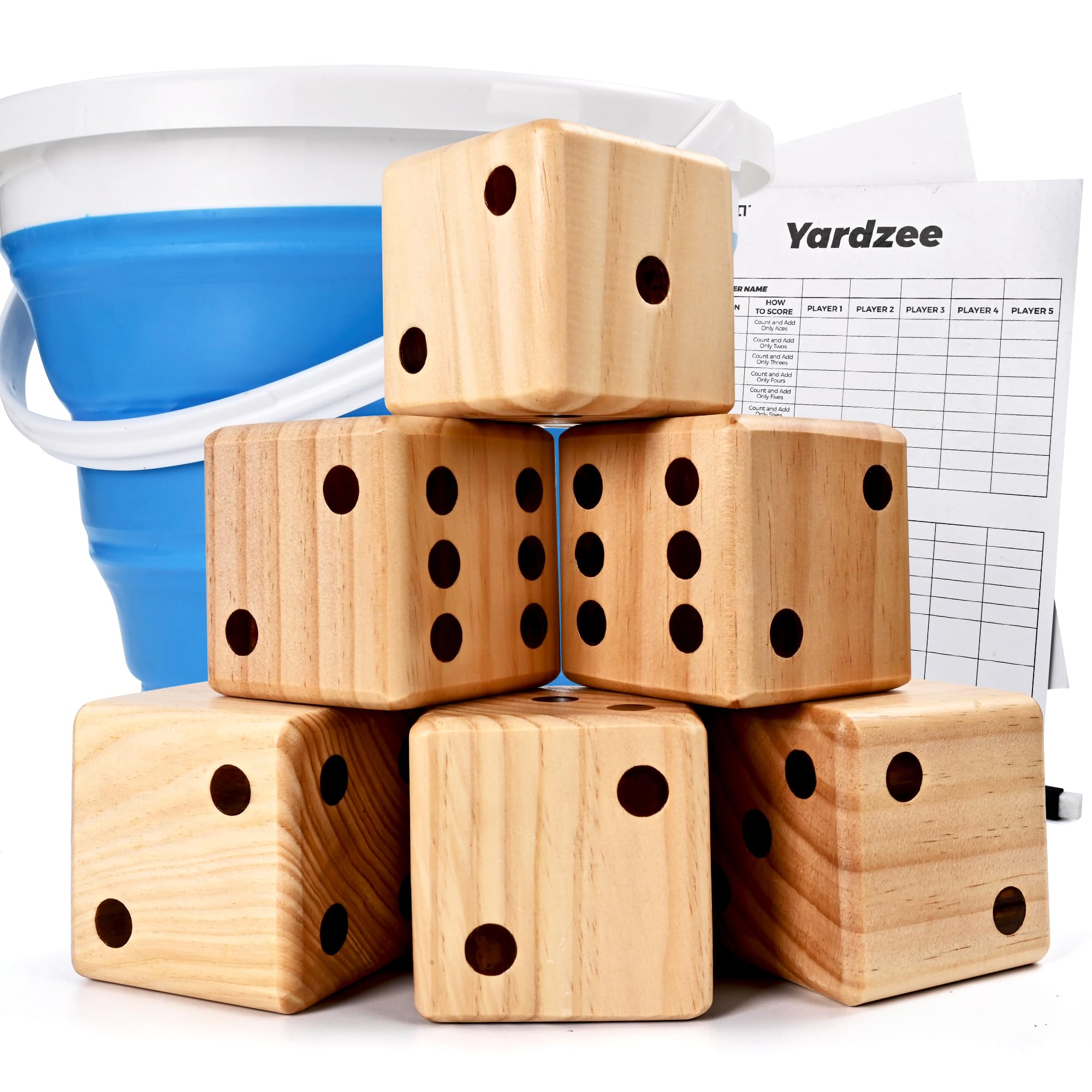 Photo 1 of ropoda 3.5" Giant Wooden Yard Dice Set for Outdoor Fun, Barbeque, Party Events, Backyard Games, Lawn Games Includes 6 Dice, Collapsible Bucket, Score Cards & Dry Erase Marker