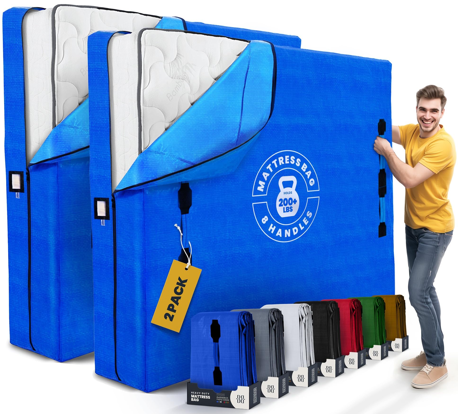 Cali King Mattress Bags - 2 Pack Extra-Thick Reusable Storage Bags with Zippered Closure and 8 Handles for Moving Protection Image