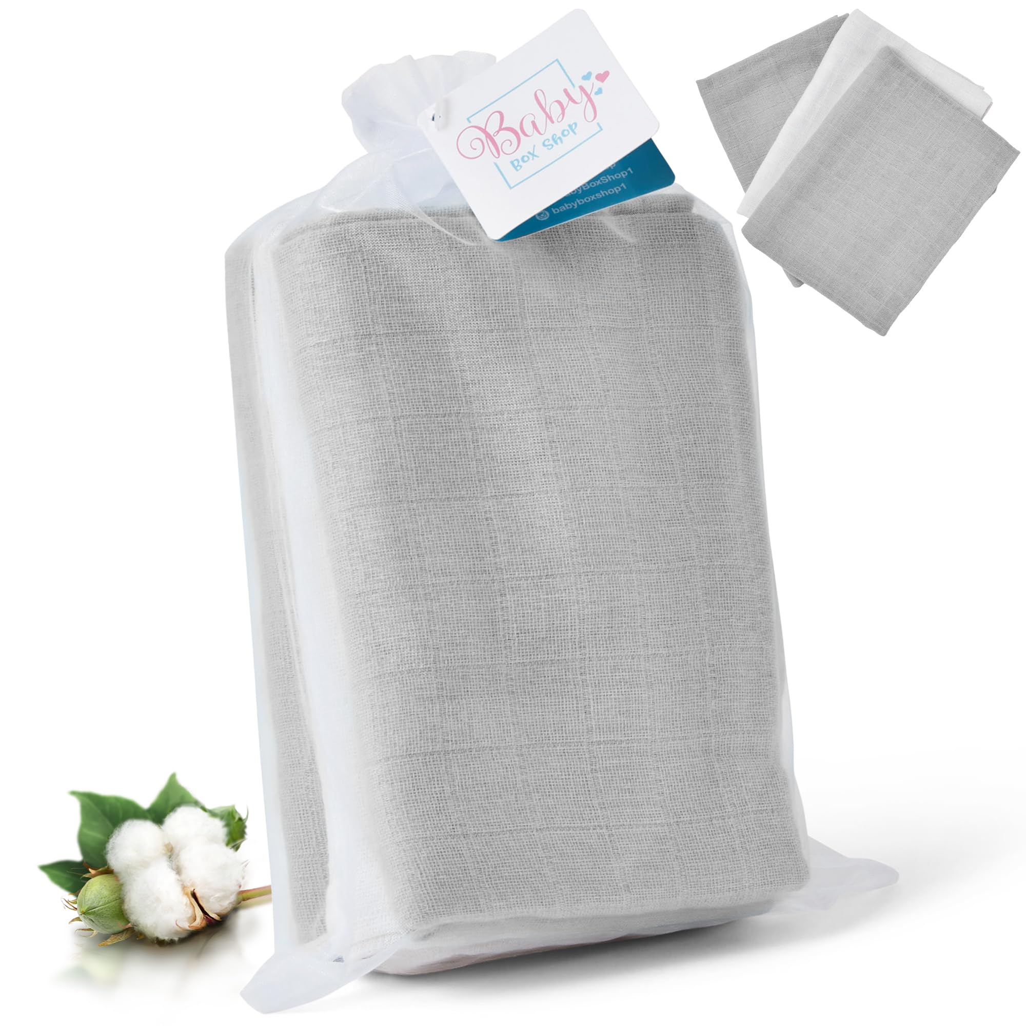 Baby Box Shop - Muslin Cloths for Baby, 100% Soft Cotton use as Breast Feeding Cover, Washcloths & Burp Cloths a Baby Essentials for Newborn, Unisex - 70cm x 70cm 2 x Grey 1 x White (Pack of 3)