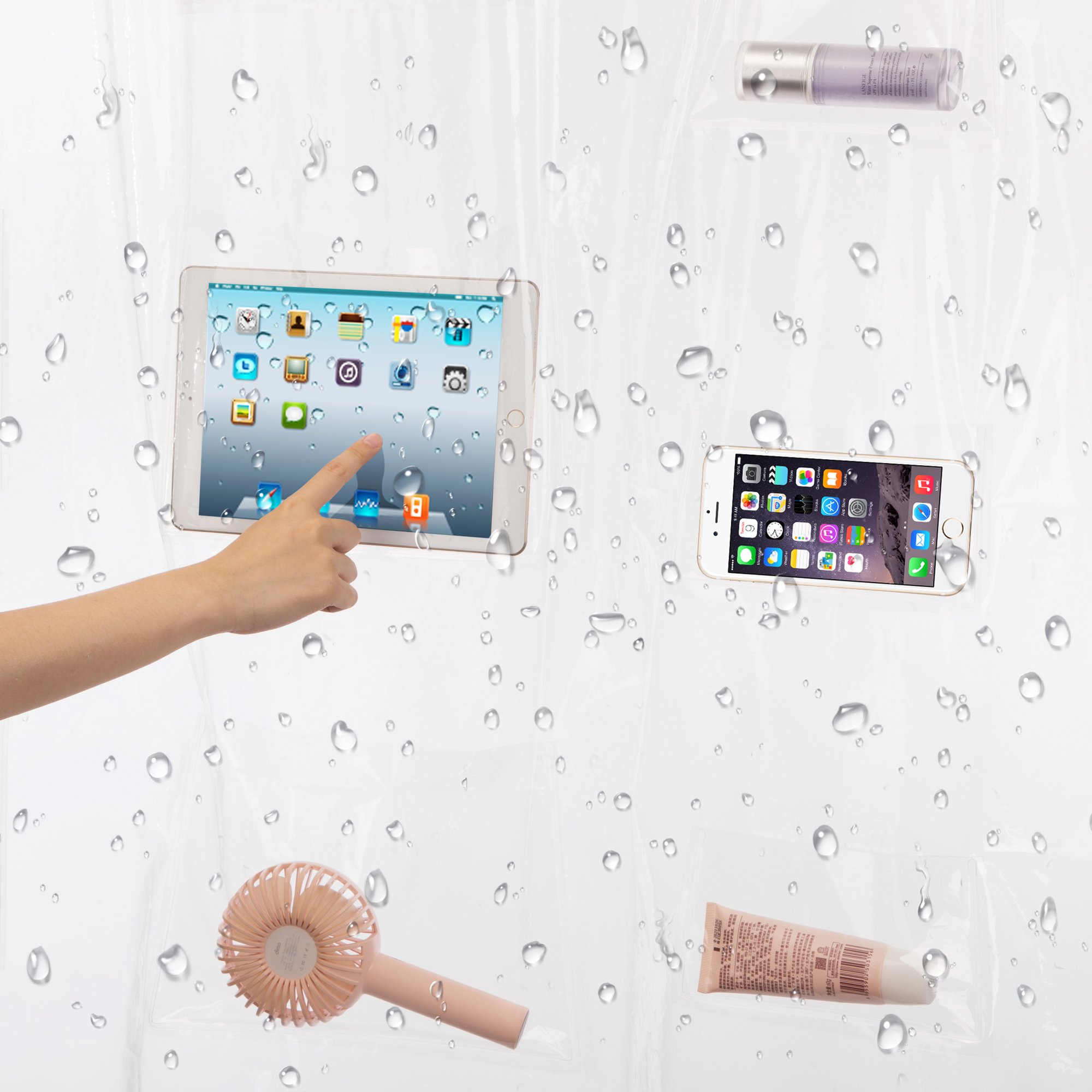 Jasontric Clear Shower Curtain Liner, with Pockets for Phone Ipad Tablet Bath Curtains Sheer Transparent Waterproof Bathroom Curtain Liner Phone Tablet Holder