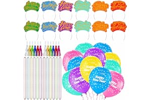 YVAINE New Years Eve Party Supplies 2025 - Pack of 46, Includes 12 Happy New Year Headband Tiaras 12 Necklaces 10 Balloons and 12 Noise Makers for Happy New Year Decorations 2025