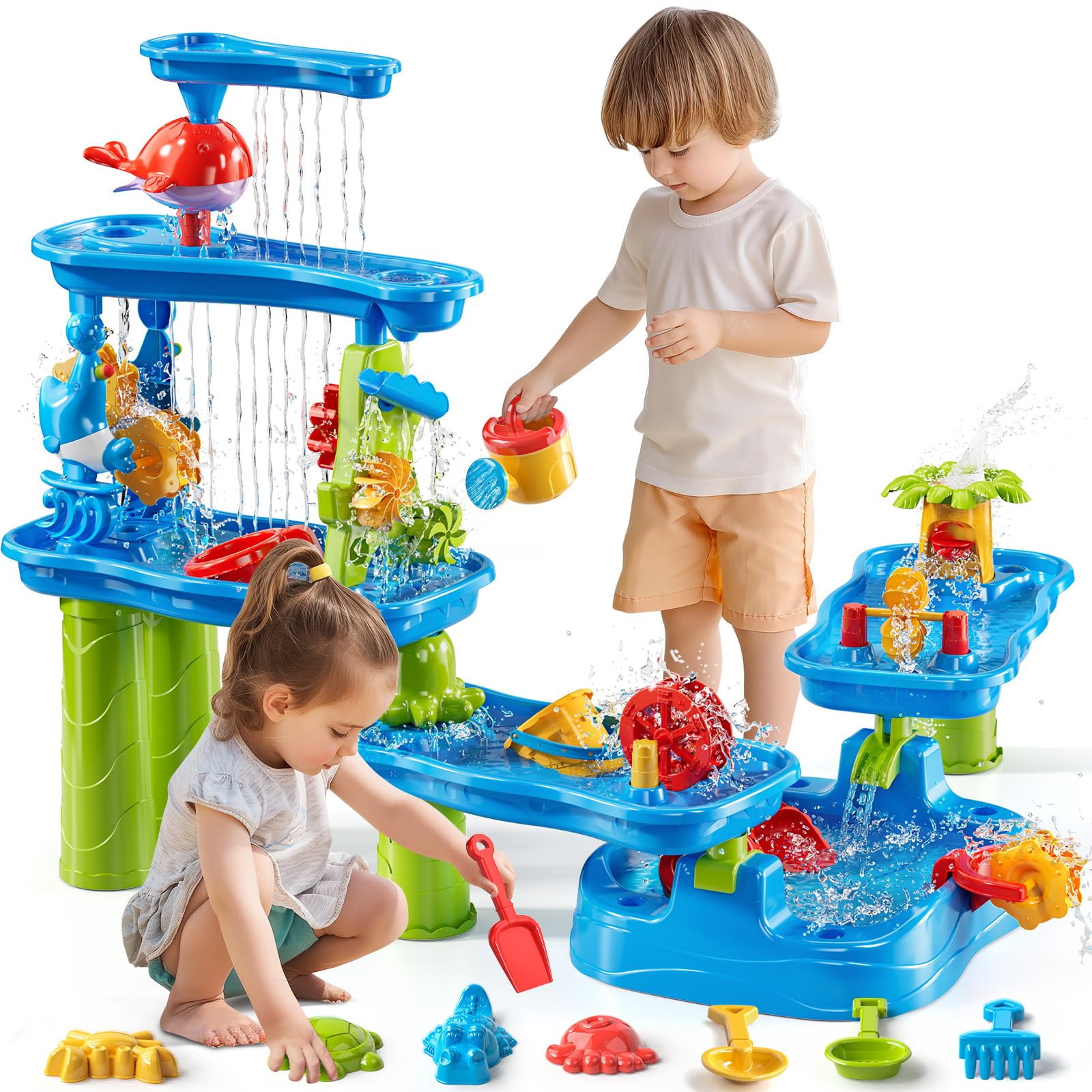 TEMI Toddler Water Table for Kids 3 4 5 6 7 8 Years Old, Rain Showers Pond Sand Water Table, 3-Tier 4 Areas Outdoor Sensory Activity for Toddlers 3-5, Beach Summer Outside Toys for Age 3-8