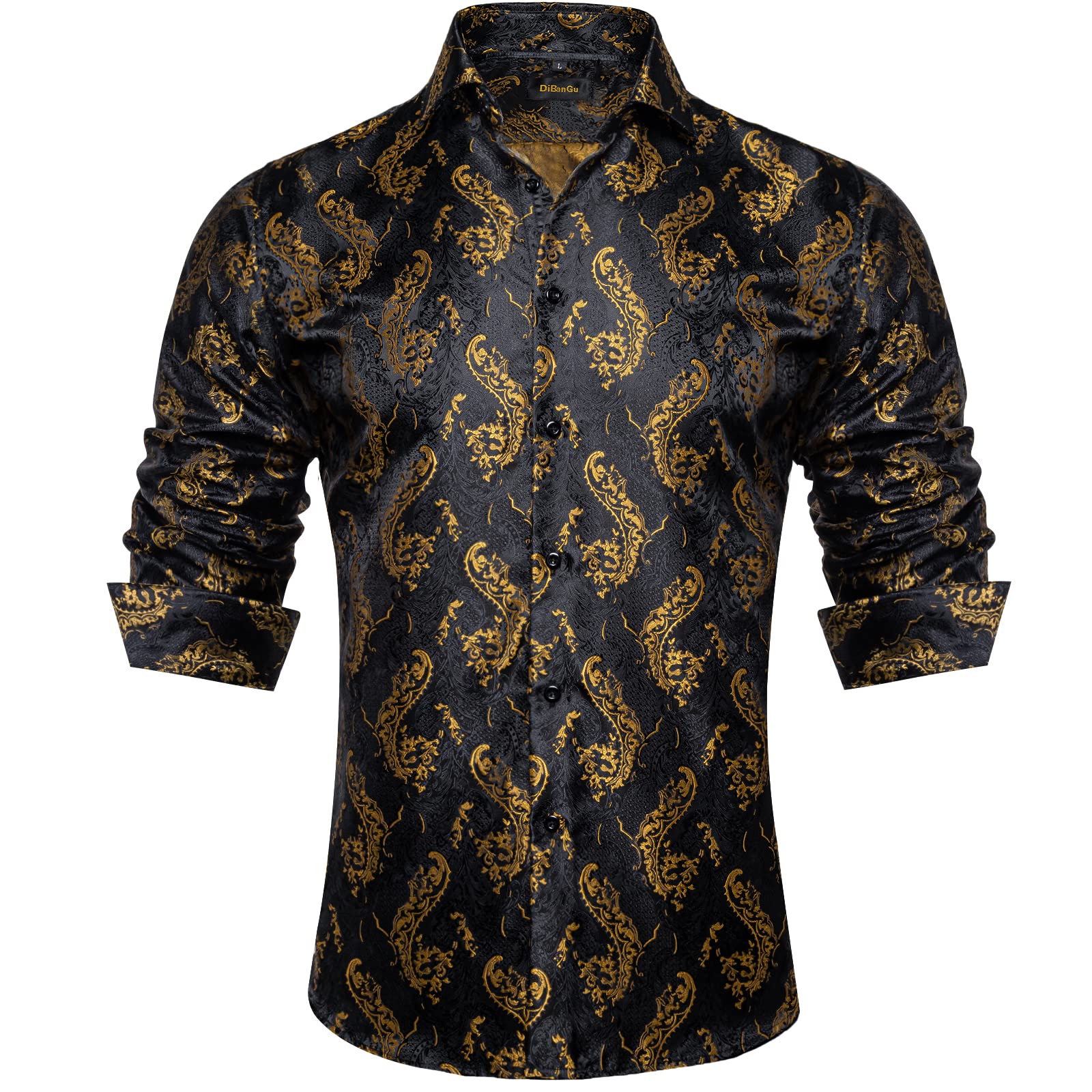 Photo 1 of DiBanGu Black Gold Dress Shirt for Men Paisley Mens Dress Shirts Long Sleeve Men's Casual Button-Down Shirt SIZE XL
