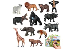 SIENON 12pcs Safari Animals Figure Toys with Flash Cards, 3.5” Realistic Wild Zoo Animals Figurines Plastic Jungle Animals with Elephant Lion Giraffe Bear Gorilla Educational Learning Playset for Kids