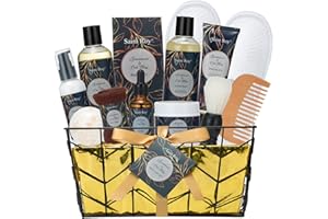 SAINT ROY Fathers Day Spa Gift Basket, Body Wash Men, 13pcs Sandalwood & Oak Moss Bath and Beard Kit for Men Fathers Day with Shower Gel, Body Lotion, Bubble Bath, Bread Brush, Bread Comb Spa Kits for man dad