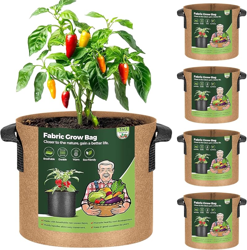 T4U 5-Pack 7 Gallon Fabric Grow Bags Heavy Duty with Handles