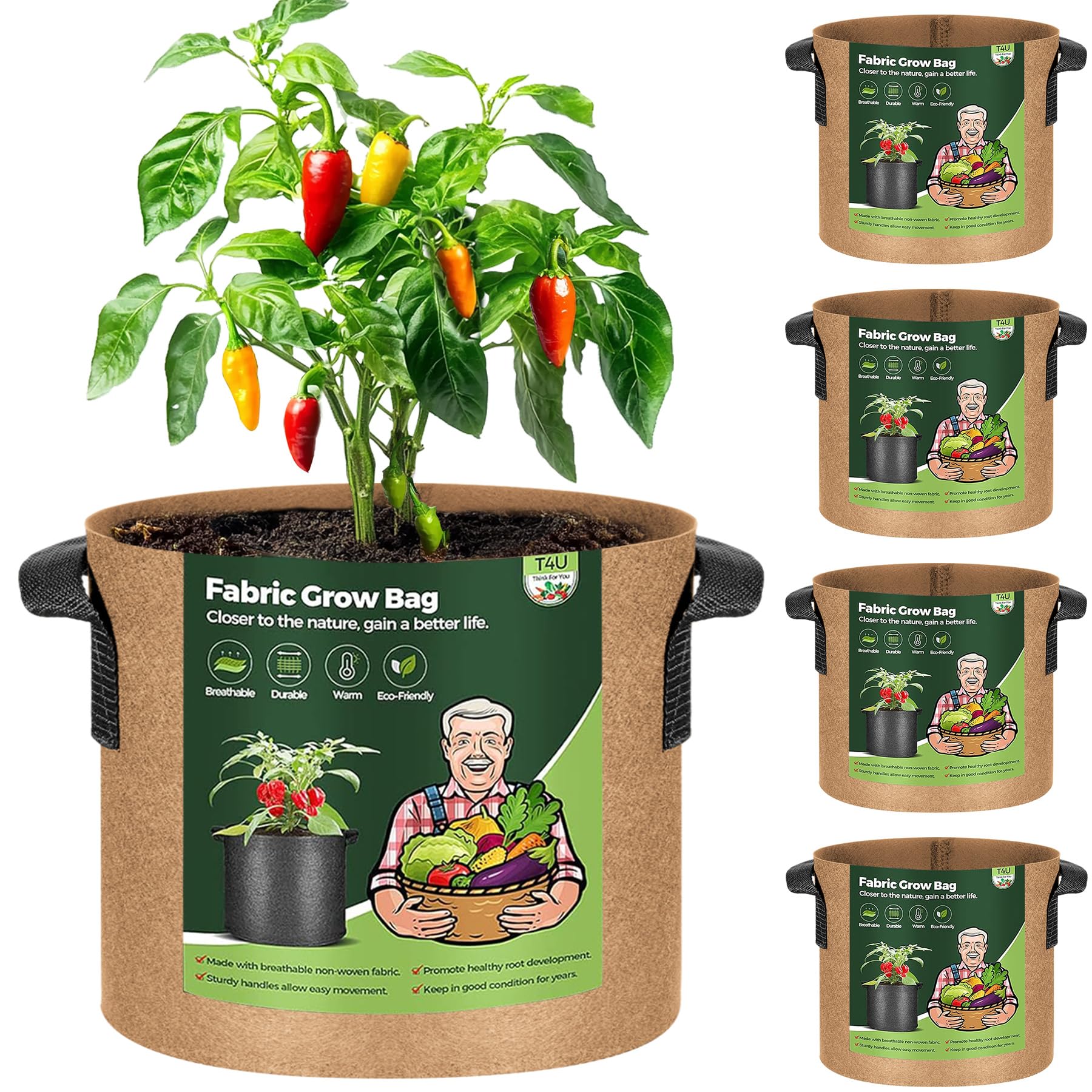 T4U 5-Pack 7 Gallon Fabric Plant Grow Bags, Heavy Duty Smart Growing Bag with Handle, Thickened Breathable Nonwoven Growbag Planter Container for Potato Tomato Chili Strawberry Vegetable Seed Outdoor
