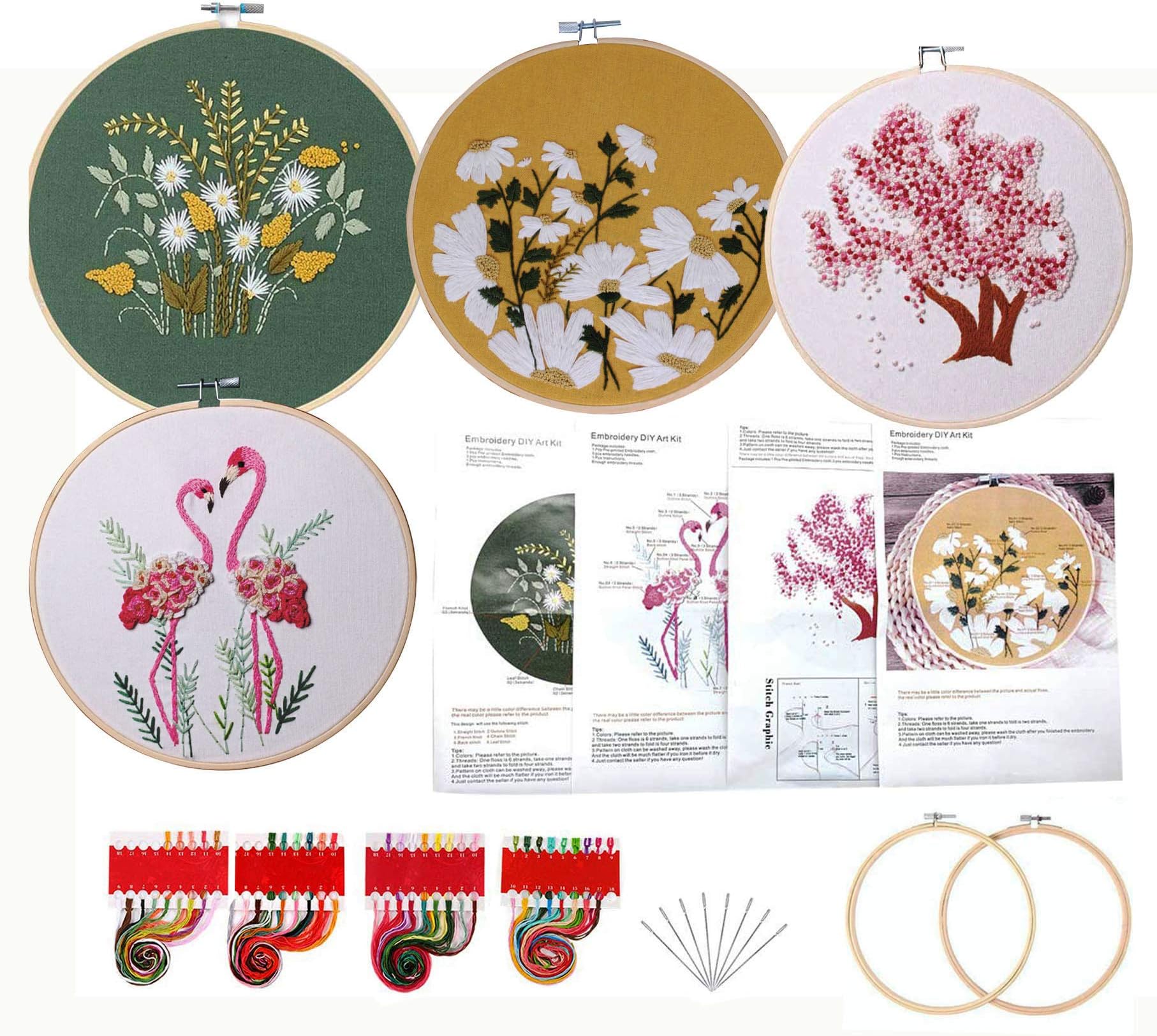 kakeah 4 Sets Embroidery Starter Kit with Pattern and Instructions, Cross Stitch Kit Include 4 Embroidery Clothes with Floral Pattern, 2 Plastic Embroidery Hoops, Tools and Color Threads