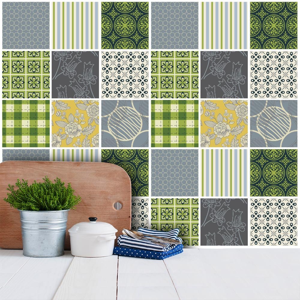 PS00035 Wall Stickers for Bathroom and Kitchen Tiles 12 Pcs 15x15cm - Waterproof PVC Wall Mural Cementine Style Mosaic Tile Azulejos