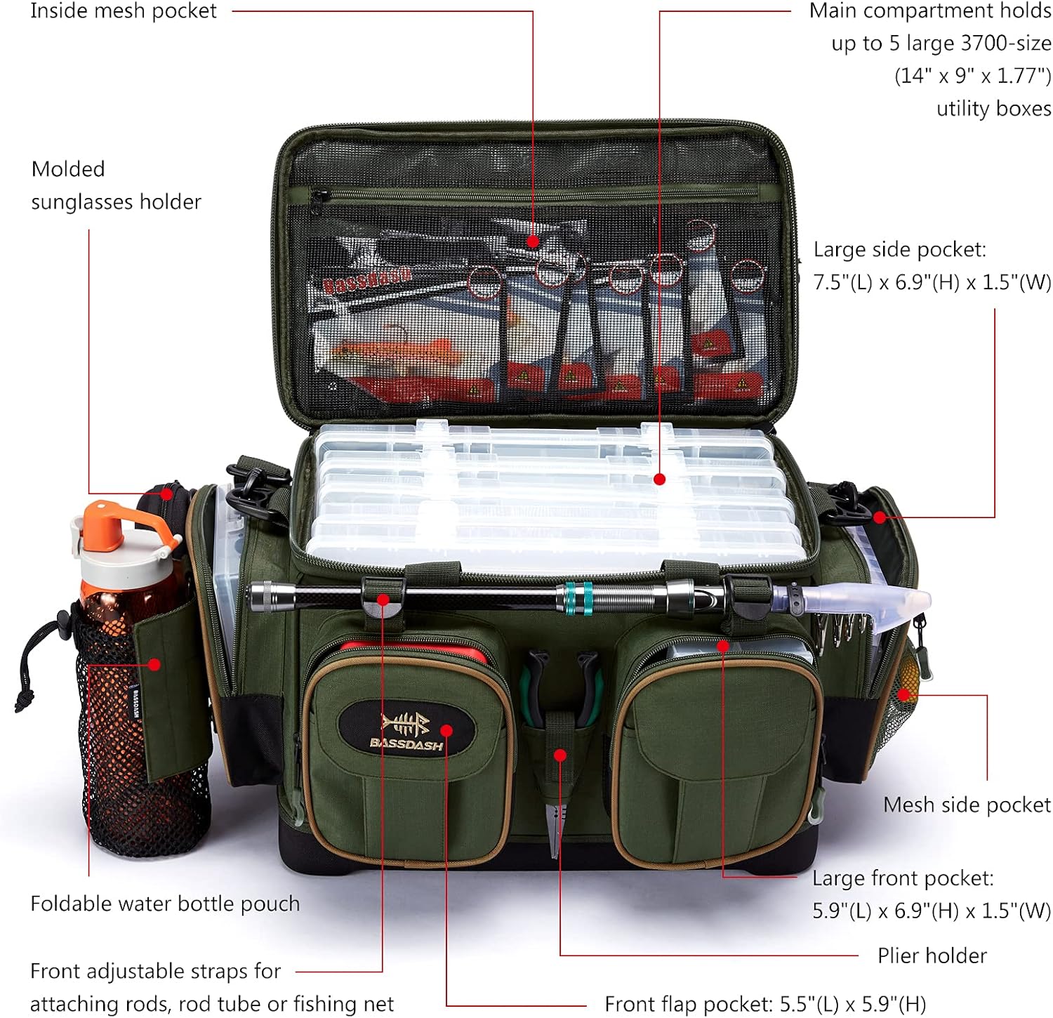 BASSDASH FP05 Fishing Tackle Shoulder Bag Water Resistant Lightweight Gear Storage Pack with Hard Molded Bottom Rain Cover