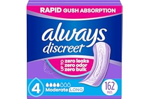 Always Discreet Adult Incontinence Pads for Women, Moderate Absorbency, Long Length, Postpartum Pads, Up to 100% Bladder Leak