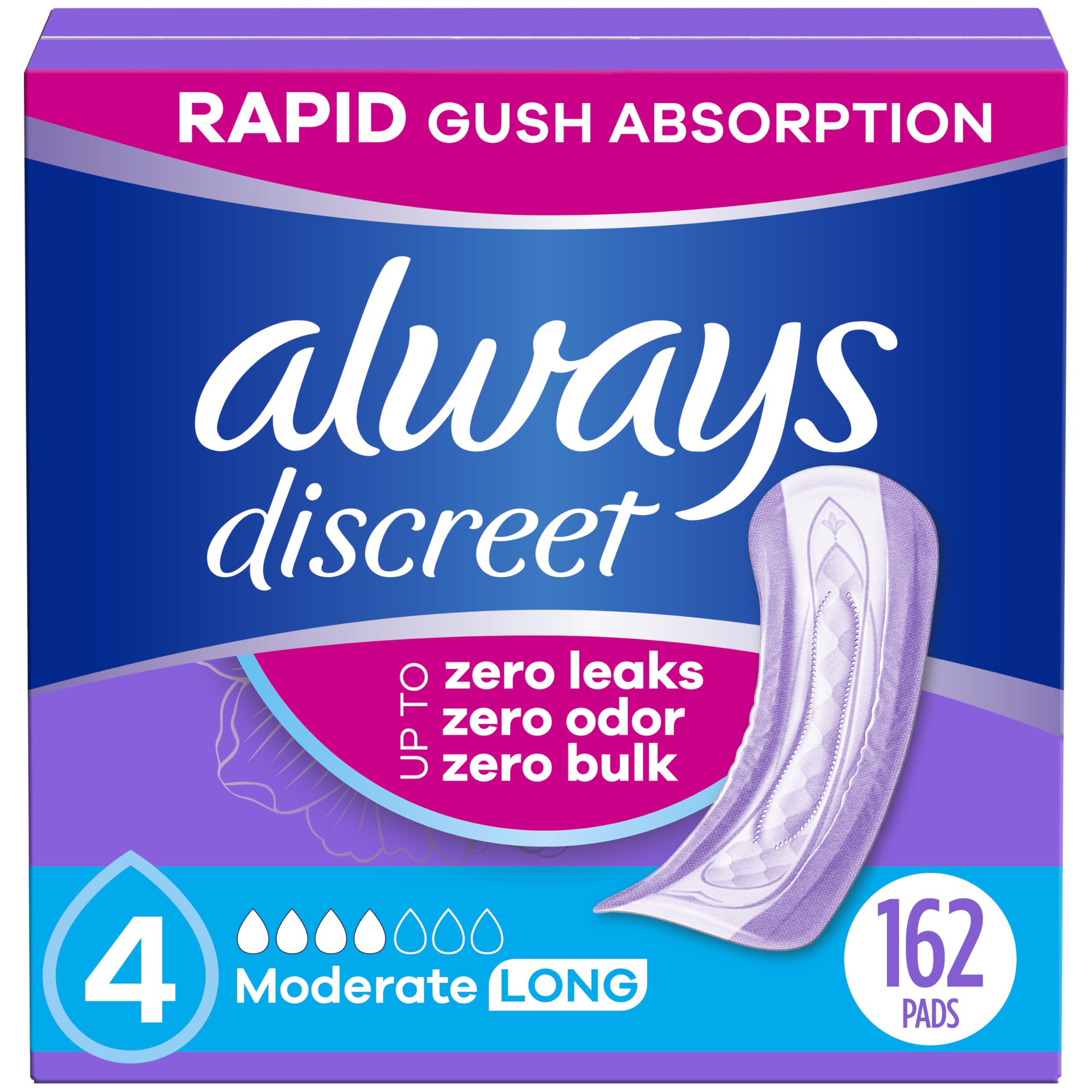 Photo 1 of Always Discreet Adult Incontinence Pads for Women, Moderate Absorbency, Long Length, Postpartum Pads, 162 Count (3 Packs of 54)