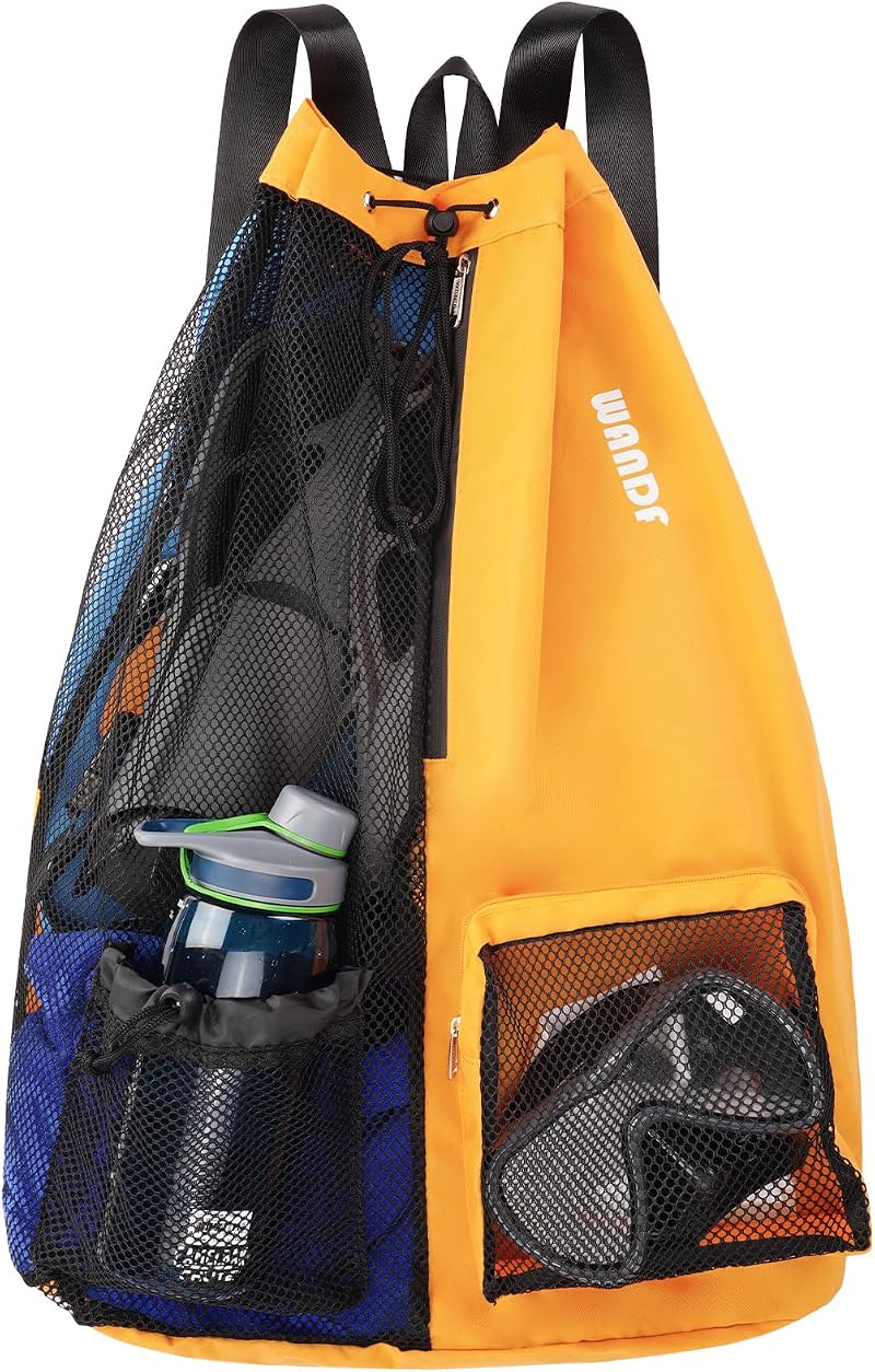 WANDF Swim Bag Mesh Drawstring Backpack XL Orange Wet Pocket