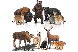 Toymany 12PCS North American Forest Animal Figurines, Realistic Jungle Animal Set Includes Moose,Cougar,Wolf,Bear,Eagle,Deer Educational Toy Cake Toppers Christmas Birthday Gift for Toddlers Kids 3-5