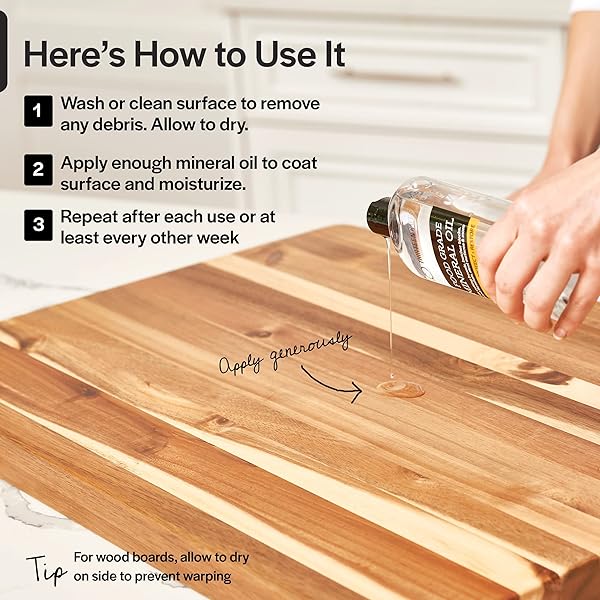 THIRTEEN CHEFS MINERAL OIL – 12OZ FOOD GRADE CONDITIONER FOR WOOD CUTTING BOARD, COUNTERTOP & BUTCHER BLOCK, LUBRICANT FOR KNIFE OR MEAT GRINDER – SAFE USP FINISH ON MARBLE, SOAPSTONE