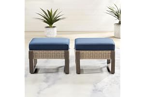 Gardenbee 2 Pieces Outdoor Patio Ottoman, All-Weather PE Rattan Ottomans Footstools with Removable Cushions & Anti-Rust Steel Frame Legs for Garden Backyard Porch Deck, Dark Blue