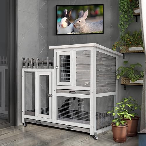 IDEE 2-Story Rabbit Hutch Outdoor Bunny House with Balcony, Movable ...