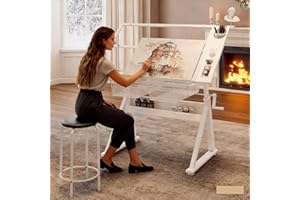 Roockky Drafting Table with Stool, Upgraded Hand Crank Height Adjustable Drawing Table Art Table Painting Table Art Craft Desk with 0-75° Tilting Glass Tabletop for Home Office, White