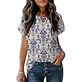 Dokotoo Women's Casual Crewneck Boho Short Sleeve Shirts 2025 Summer Floral Print Chiffon Blouses Bohemian Top Shirts