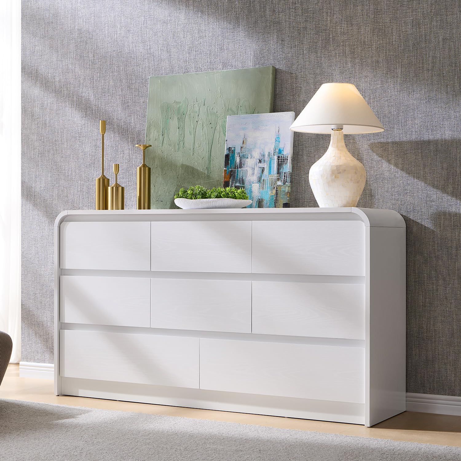 Aitjunz Modern 8 Drawers Dresser for Bedroom, 55" Wide Dressers & Chest of Drawers w/Curved Profile Design, Wood Mid Century Storage Dressers Organizer for Bedroom, Living Room, White